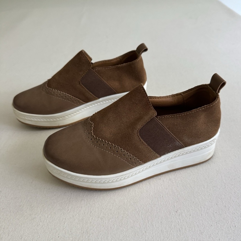 UNN Slip On Platform Sneaker Size 7W Penny Loafer High Heel Wedge Shoes Khaki - Picture 4 of 15